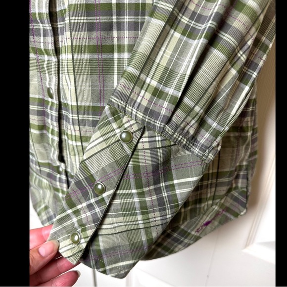 EXOFFICIO Alba Funnel Neck Plaid Shirt Jacket Green Plaid Pockets Purple Hiking - Picture 8 of 16